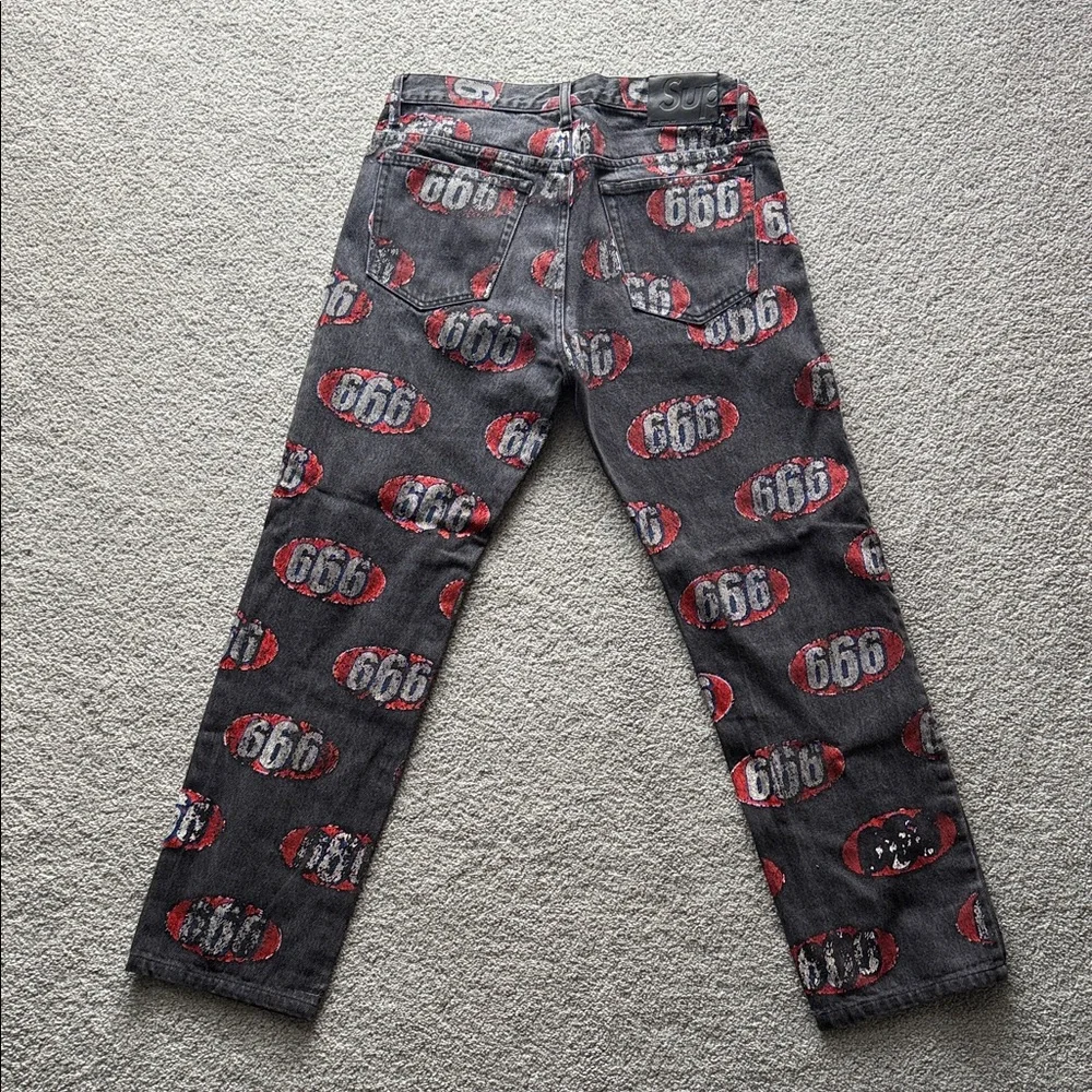 Supreme Black Denim Jeans with Red and White 666 Allover Print - Picture 2 of 5